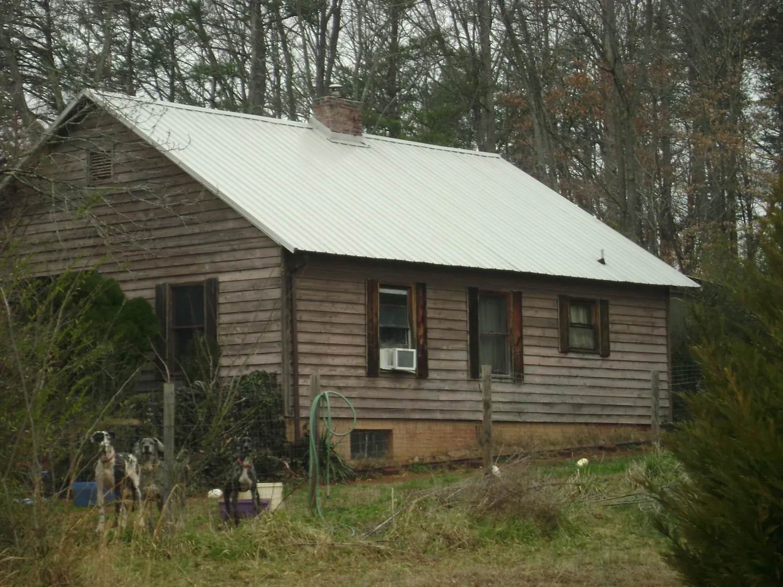 White metal roof on an old wood sided farmhouse, from a Metal Roof Installation job in Petrolia